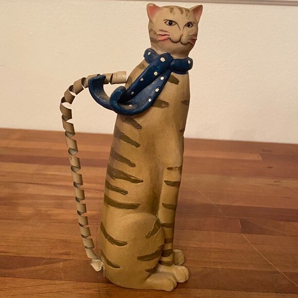 Cat Figurine Striped Brown Kitten with Blue Polka Dot Scarf Curly Q Metal Tail - Picture 1 of 5